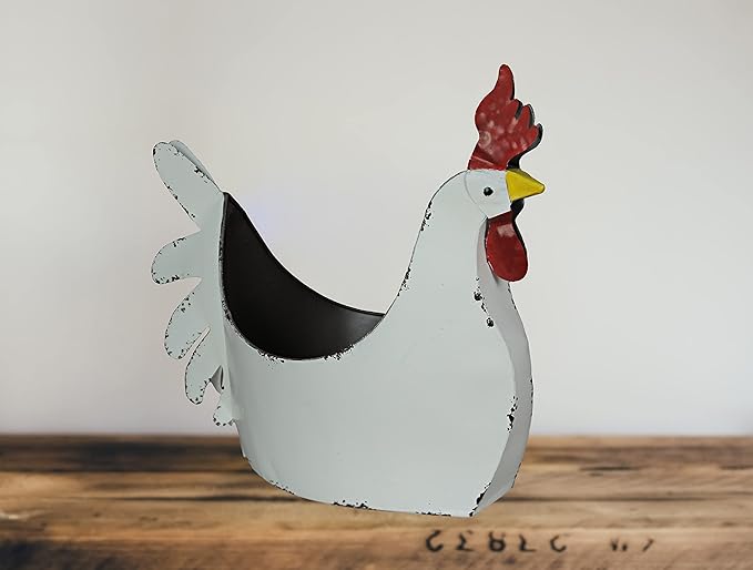 Zeckos Rustic White Finish Metal Rooster Planter - Indoor/Outdoor Decorative Flower Pot for Home and Garden - 15.5 Inches Long - Farmhouse Style Accent Piece