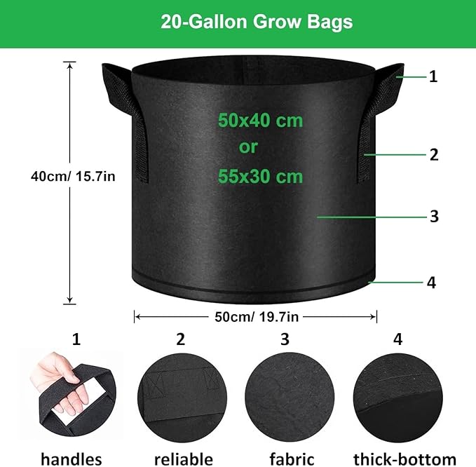 20-Gallon Grow Bags, (10 Pack) Thickened Aeration Fabric Growing Pots Planters with Handles for Planting Vegetables Plants, Black