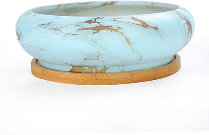 ARTKETTY Succulent Pots - 7.3 Inch Large Bonsai Pots with Drainage Tray, Ceramic Pots for Indoor Plants, Shallow Succulent Planters Marble Cactus Flower Plant Container Bowl
