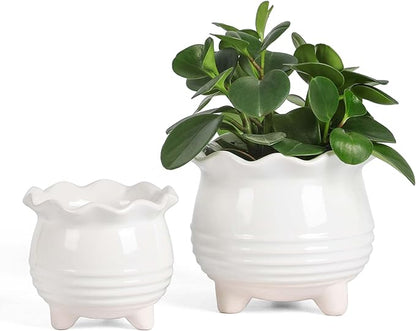 Ceramic Planter, 2 Piece Ceramic Planter Set with Drainage Hole for Home and Office, Indoor Plant Potting, Suitable for Succulents, Bonsai, Snake Grass and Money Tree, etc. (White)