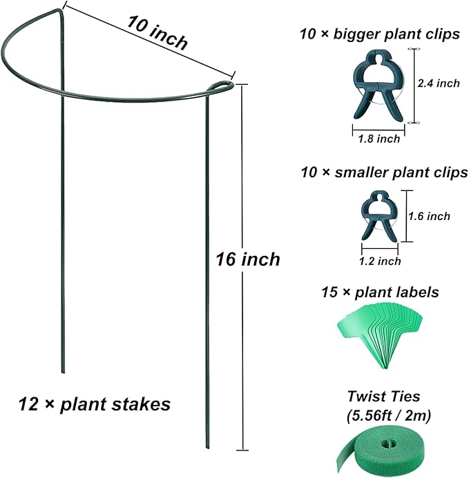 12 Pack Plant Support Stake, 16 Inch Peony Cages and Supports for Outdoor Plants, with 15 Pcs Plant Labels, 20 Pcs Plant Clips, 7ft Plant Ties