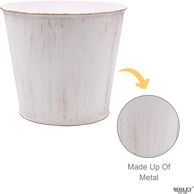 Hosley Set of 2 White Bucket/Pots with PVC Liner, 6.5" Dia x 6" H Ideal Gift for Floral Arrangements Wedding Home Office Party DIY Indoor Outdoor Garden Patio