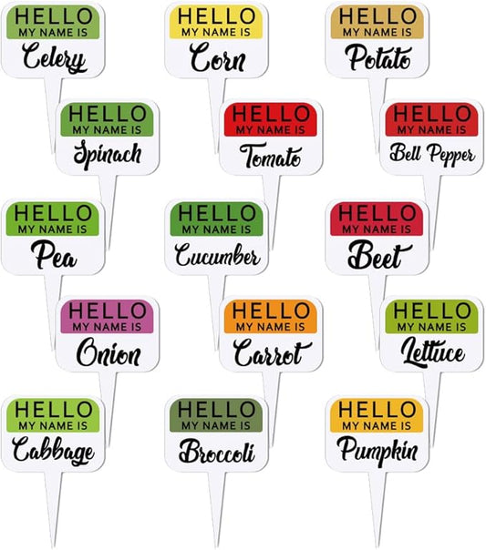arricraft 15 Pcs Colorful T-Shaped Acrylic Plant Labels, Name Presentation Vegetable Theme Waterproof Garden Stake Labels for Indoor Outdoor Potted Plants Nursery Marker Decoration 4.01x2.68 inches