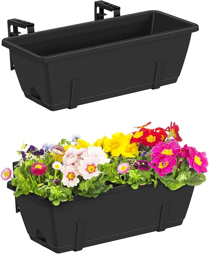 CADUKE Railing Planter Boxes 2 Pack 17 Inch Window Boxes Black Rectangle Railing Flower Box with Adjustable Bracket Window Deck Hanging Planters Boxes for Outdoor Patio