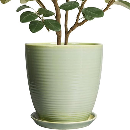 Ceramic Planter - 10 Inch Plant Pot for Indoor Outdoor with Drainage Hole and Plant Tray, Modern Round Home Office Patio Room Decor, House Warming Gifts, Green