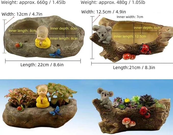 Fantasee Succulent Pot, Small Garden Pots with Drainage Hole, Resin Plants Flower Pots Miniature Ornaments for Home Office Decor (Stone - Little Monk)
