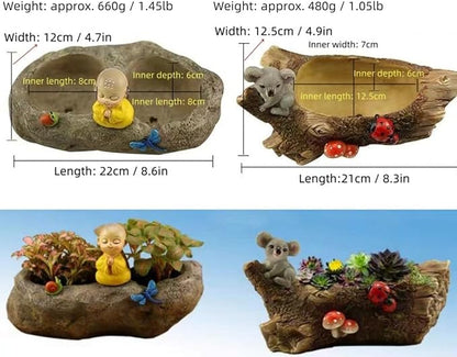 Fantasee Succulent Pot, Small Garden Pots with Drainage Hole, Resin Plants Flower Pots Miniature Ornaments for Home Office Decor (Stone - Little Monk)