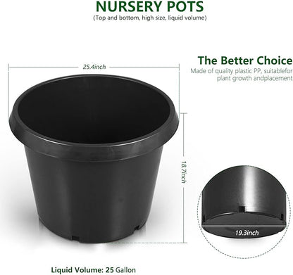 5-Pack 25 Gallon Round Planter Nursery Pots, Flower Plant Container Injection Molded Plastic Nursery Pot Gardening Pots for Indoor Outdoor Vegetables, Succulents, Black