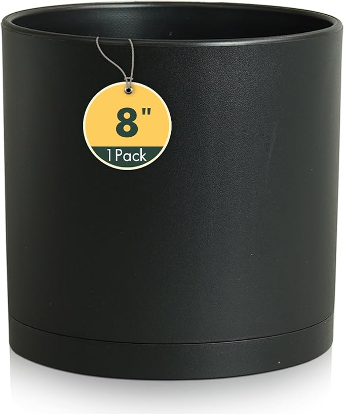 Cylinder 8 inch Plant Pots, Mordern Plastic Planters with Drainage Holes and Saucers for Indoor Outdoor Plants Flowers, Black