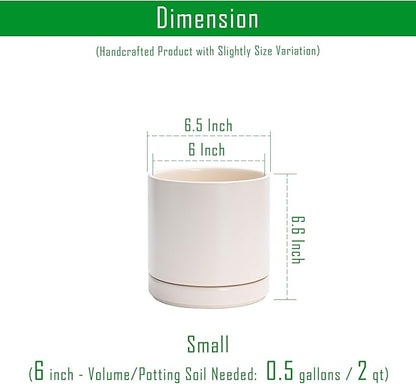 D'vine Dev 6.5 Inch Ceramic Planter Pot with Drainage Hole and Saucer, Indoor Cylinder Round Planter Pot, Oatmeal, 94-O-C-8