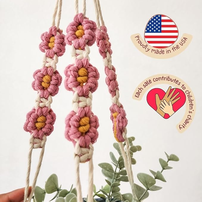 Macrame plant hanger with Daisies | Hanging plant holder | Macrame Plant hangers outdoor and indoor hanging planters Plant stand indoor Boho Decor hanging planter stand/plant shelf (Champagne Pink)