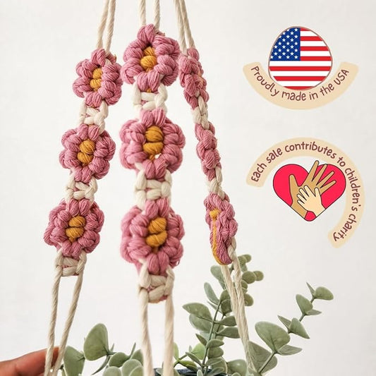 Macrame plant hanger with Daisies | Hanging plant holder | Macrame Plant hangers outdoor and indoor hanging planters Plant stand indoor Boho Decor hanging planter stand/plant shelf (Champagne Pink)