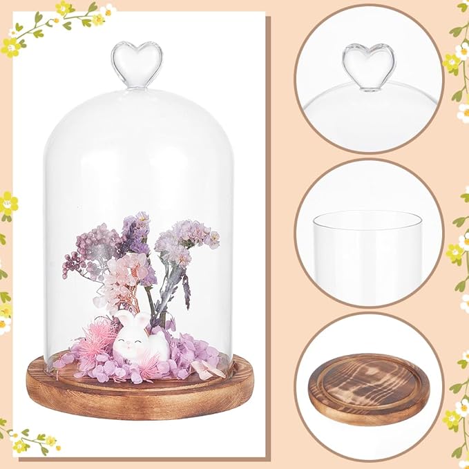 NBEADS Heart Glass Dome, 8.66 Inch Long Cloche Bell Jar Terrarium with Wood Base Decorative Display Dome Case for Plants Flower Aroma Candle Desktop Decoration, Clear