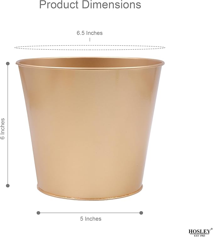 Hosley Set of 2 Gold Bucket/Pots with PVC Liner, 6.5" Dia x 6" H Ideal Gift for Floral Arrangements Wedding Home Office Party DIY Indoor Outdoor Garden Patio