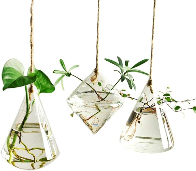 Kingbuy Hanging Glass Terrarium Propogation Planter Geometric Vase with Strings for Propagation Hydroponic Plant Home Garden Decor, 3 Type
