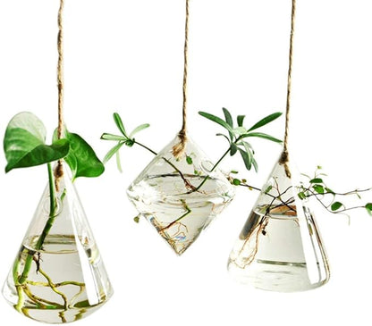 Kingbuy Hanging Glass Terrarium Propogation Planter Geometric Vase with Strings for Propagation Hydroponic Plant Home Garden Decor, 3 Type