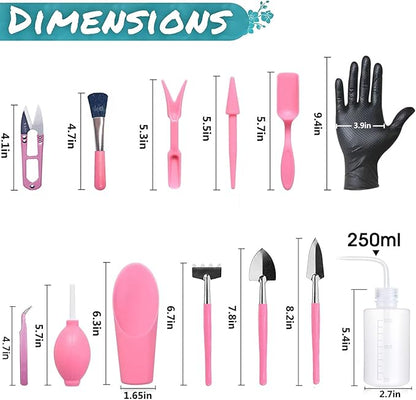 Melphoe 25Pcs Mini Garden Hand Transplanting Succulent Tools Set, 39.4" Thickened Repotting Mat & Plant Tag, Miniature Planting Indoor Fairy Care, Potting, Cactus, Houseplant Bonsai Tool Kit (Pink)