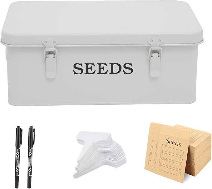 4 Dividers Seed Storage Box, Metal Seed Box Seed Storage Organizer with Safety Lock, Portable Garden Seed Bin, Professional All-in-one Kit, White