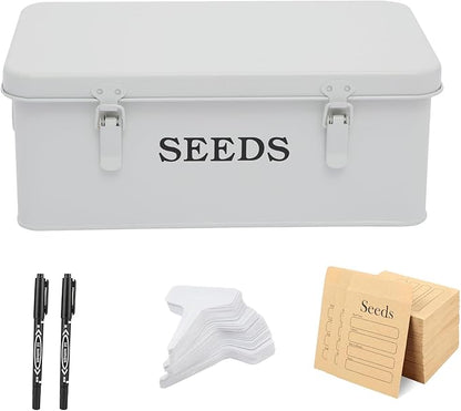 4 Dividers Seed Storage Box, Metal Seed Box Seed Storage Organizer with Safety Lock, Portable Garden Seed Bin, Professional All-in-one Kit, White