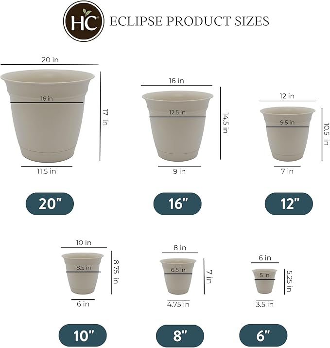 The HC Companies Eclipse Round Planter with Saucer - Outdoor & Indoor Plant Pot with Drainage Holes - Lightweight, UV-Resistant Plastic Pots for Plants, Flowers & Herbs (6” Cottage Stone, Pack of 1)