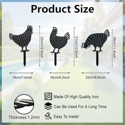 WADORN 3Pcs Chicken Metal Decorative Garden Stakes, Adorable Hen Silhouette Metal Outdoor Statues Animals Garden Ornament Gifts Black Yard Art Decoration for Outdoor Backyard Patio Lawn Walkways