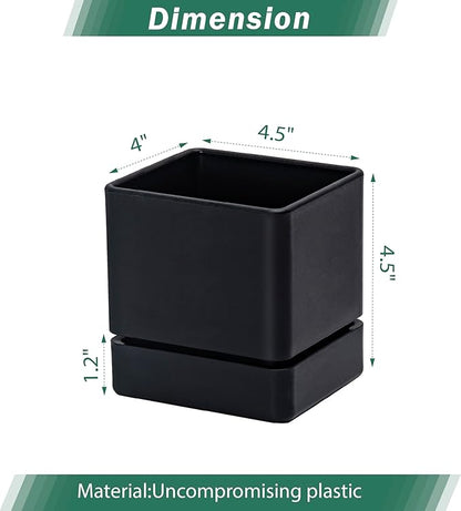 D'vine Dev 4 Inch Herb Planter Pot, Plastic Planter with Drainage Holes and Saucer, Modern Decorative Gardening Pot for Indoor Plants, Flowers, Herbs, Succulents, Black, Set of 1, 76-Y-B1-1