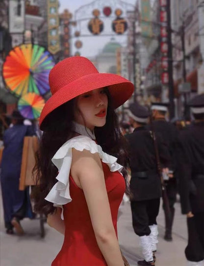 Wide-Brim Classic Elegant Style Foldable Straw Hat Women's Retro UV Resistant Sun Hats for Outdoor, Beach and Travel