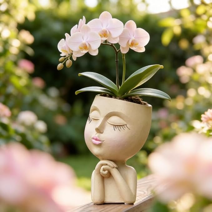 Face Head Planter, Funny Heads Plant Pots, Cute Girl Faces Plant Pot, Decorative Flower Pots, Cute Succulent Pots with Drainage for Home Garden Decor, Plant Lover's Gifts for Women (7" Khaki)