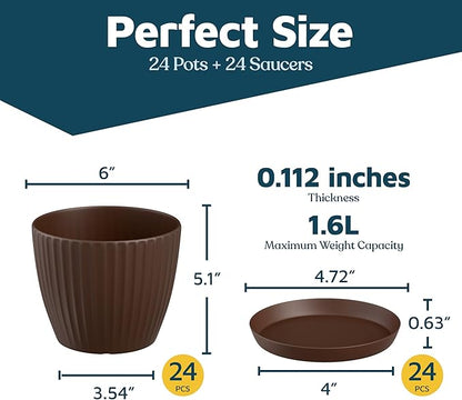 Brown 6-Inch Plant Pots with Drainage & Saucers 24 Pack, Indoor & Outdoor Planters for Houseplants, Herbs, and Flowers, Durable & Weatherproof Material, Stackable, Lightweight, Minimalist Design