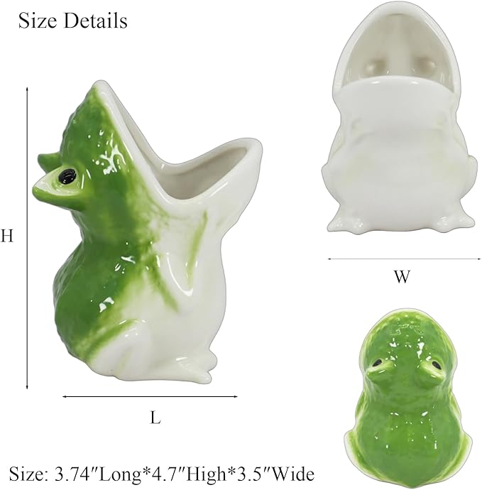Cute Frog Succulent Planter Pot with Drainage Tray, Small Ceramic Cactus Flower Container, Funny Animal Shaped Indoor Air Plants Holder