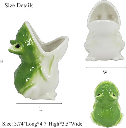 Cute Frog Succulent Planter Pot with Drainage Tray, Small Ceramic Cactus Flower Container, Funny Animal Shaped Indoor Air Plants Holder