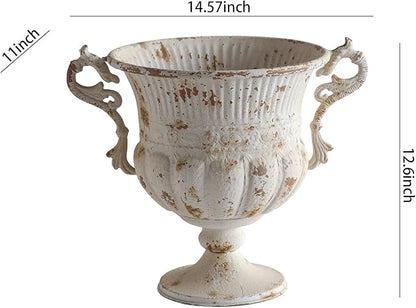 Balcony Vintage Style Distressed White Metal Indoor Outdoor and Garden Planter European Retro Rustic Shabby Chic Iron Flower Pot with Handle for Home Decor