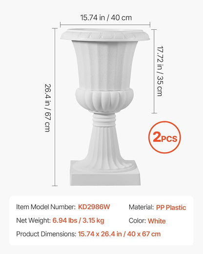 VEVOR Plastic Urn Planters, 15.8 x 26.4 Inch, 2 Pack White Classic Flower Pots Front Porch Planters, Indoor & Outdoor Vase for Wedding, Party, Event, Home, Stage, Garden, Balcony, Patio Decoration