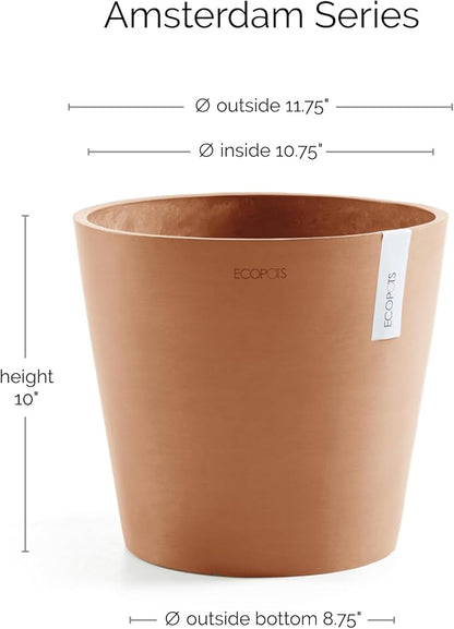 Ecopots Amsterdam Durable Modern Round Indoor/Outdoor Recycled-Based Composite Flower Pot Planter, Terracotta Color, 12"