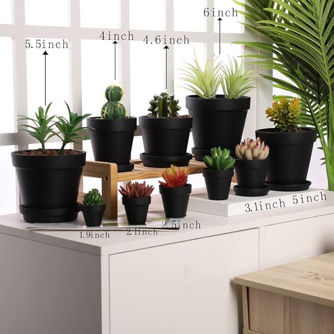 Yishang Black Terra Cotta Pots with Saucer - 12-Pack Large Terracotta Pottery 3'' Clay Planter Cactus Flower Succulent Pot with Drainage Hole