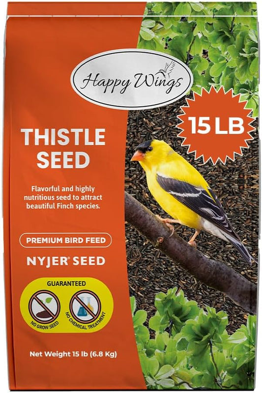 Happy Wings Nyjer Thistle Seeds for Wild Birds 15 lbs No Grow Premium Bird Seed Attracts Finches, Goldfinches, Ideal for Year-Round Feeding High in Protein and Energy.
