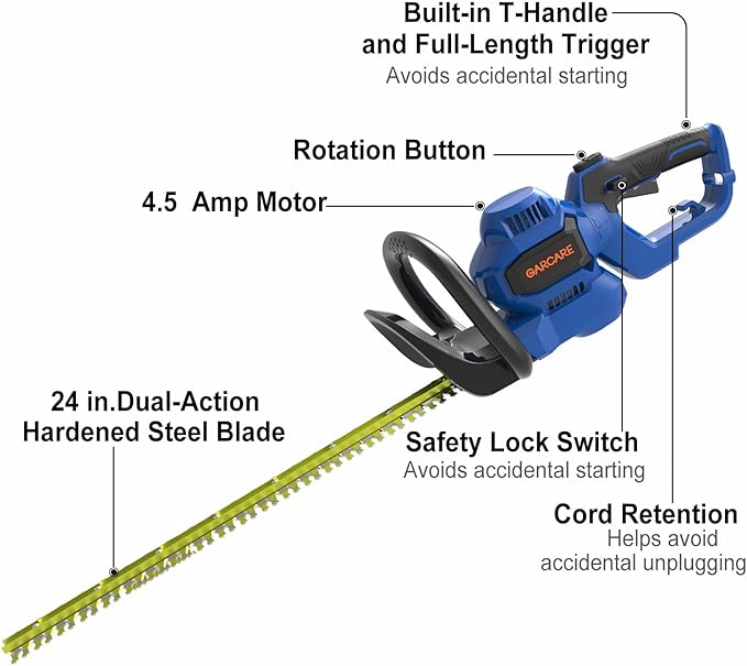 GARCARE 24-Inch Corded Electric Hedge Trimmer - 4.5 Amp, Dual-Action Blades, Rotary Handle, Safety Switches for Hedges, Shrubs, and Branches