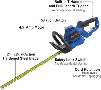 GARCARE 24-Inch Corded Electric Hedge Trimmer - 4.5 Amp, Dual-Action Blades, Rotary Handle, Safety Switches for Hedges, Shrubs, and Branches