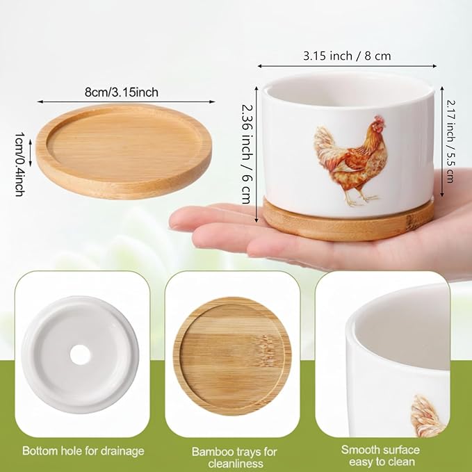Vesici 3 Pcs Chicken Gifts for Women Chicken Planter Succulent Pots with Drainage and Bamboo Tray Small Ceramic Succulent Planters Animal Plant Pot for Christmas Office Home Decor Plant Lovers