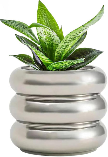 Ceramic Plant Pot Indoor, 6.5 Inch Flower Pot with Drainage Hole, Tiered Bubble Design Ceramic Planter for Home & Office Decor (Silver)
