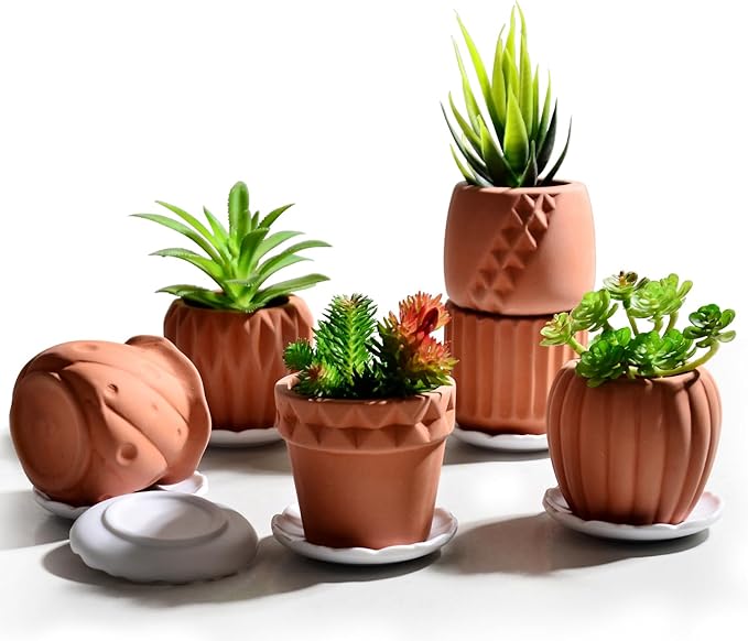 B SEPOR Ceramic Planters Handmade Mini Clay Flower Pot for Small Indoor Plant Succulent Cactus with Melamine Saucer Tray (Terracotta)