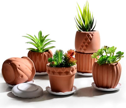 B SEPOR Ceramic Planters Handmade Mini Clay Flower Pot for Small Indoor Plant Succulent Cactus with Melamine Saucer Tray (Terracotta)
