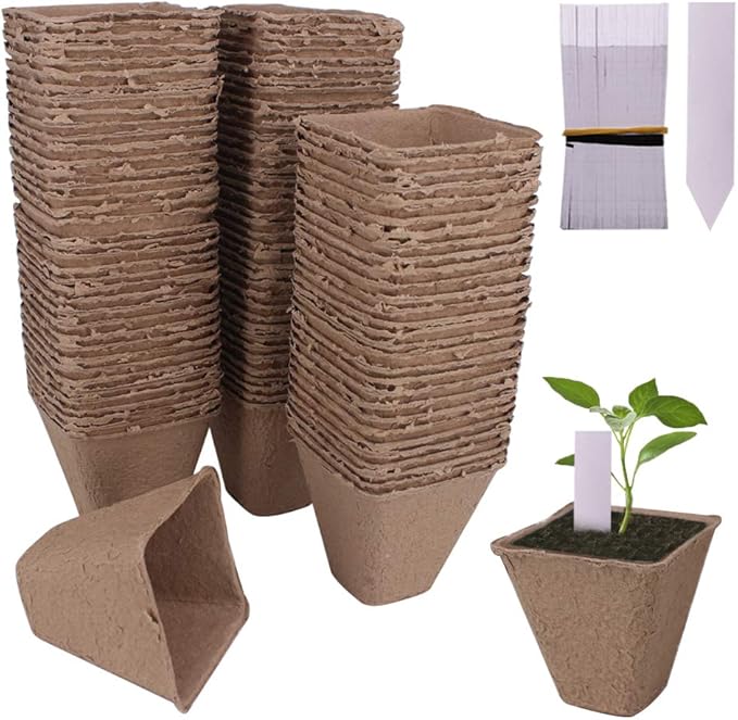 100 Pack 3.15" Square Biodegradable Peat Pots Plant Seedling Saplings & Herb Seed Starters Kit with 100 Pcs White Plastic Plant Labels