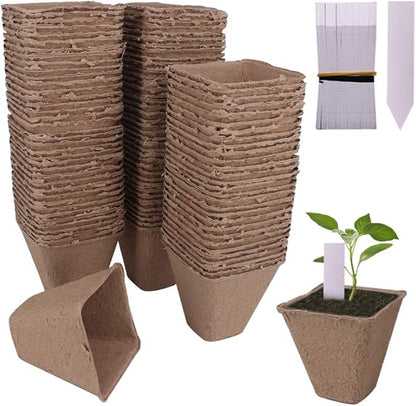 100 Pack 3.15" Square Biodegradable Peat Pots Plant Seedling Saplings & Herb Seed Starters Kit with 100 Pcs White Plastic Plant Labels