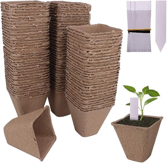 100 Pack 3.15" Square Biodegradable Peat Pots Plant Seedling Saplings & Herb Seed Starters Kit with 100 Pcs White Plastic Plant Labels
