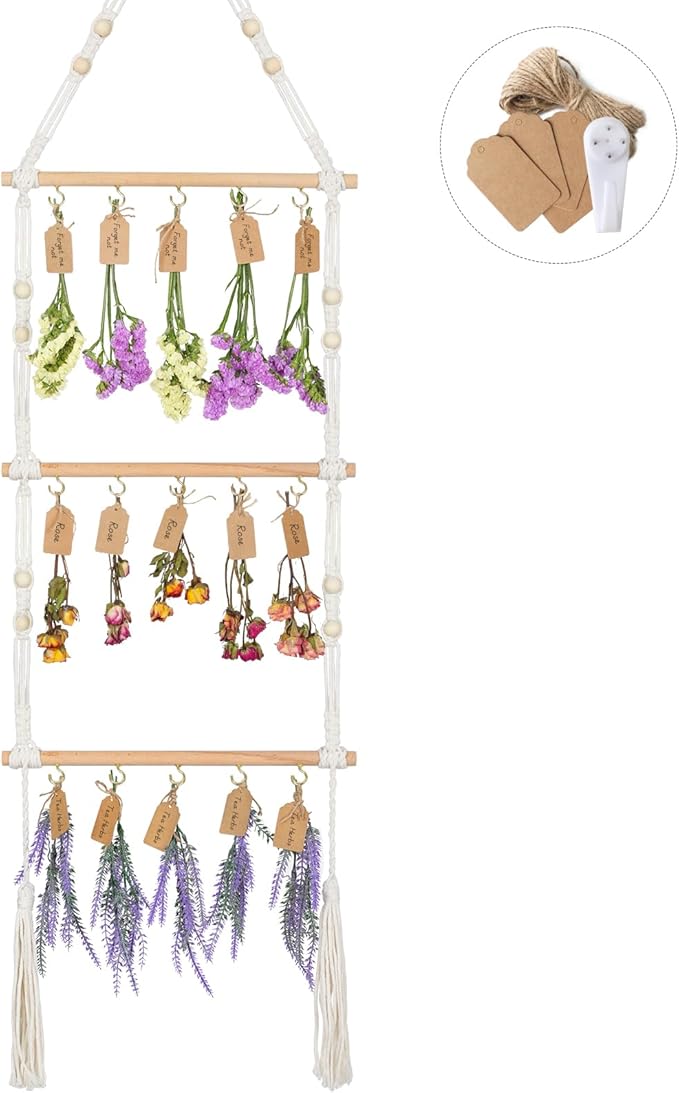 3-Tier Hanging Herb Drying Rack – Includes 30 Brown Gift Tags & 32ft Natural Jute Twine – Handwoven Boho Style Plant Hanger for Drying Herbs, Flowers, Sage – 47" Tall, Home Décor & Gift Idea