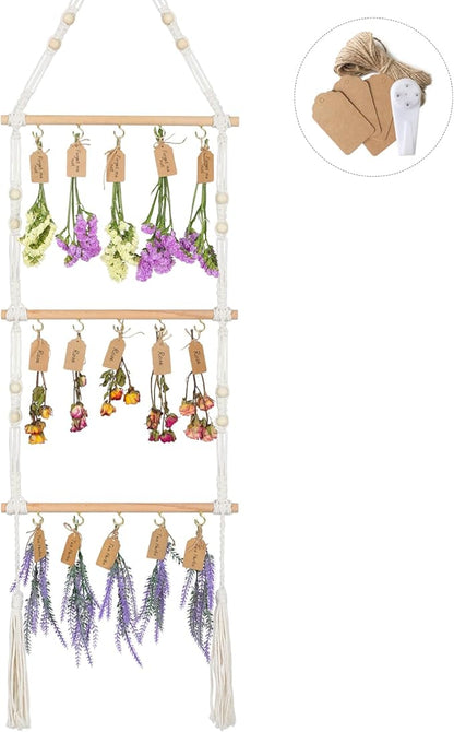 3-Tier Hanging Herb Drying Rack – Includes 30 Brown Gift Tags & 32ft Natural Jute Twine – Handwoven Boho Style Plant Hanger for Drying Herbs, Flowers, Sage – 47" Tall, Home Décor & Gift Idea