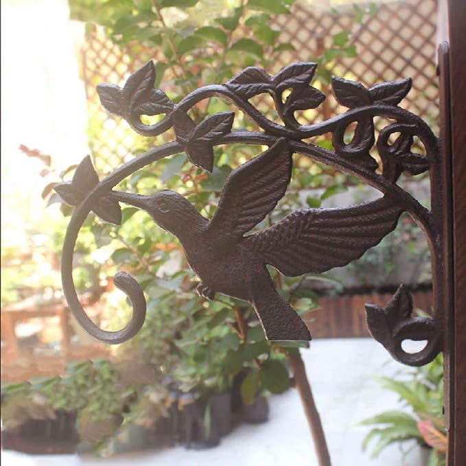 Sungmor Cast Iron Plant Hanger Wall Hooks, Heavy Duty Hanging Basket Brackets, Hummingbird Shape & 10.4 inch & 2PC Brown, Decorative Wall Hangers for Planters Lanterns Bird Feeders Houses Wind Chimes