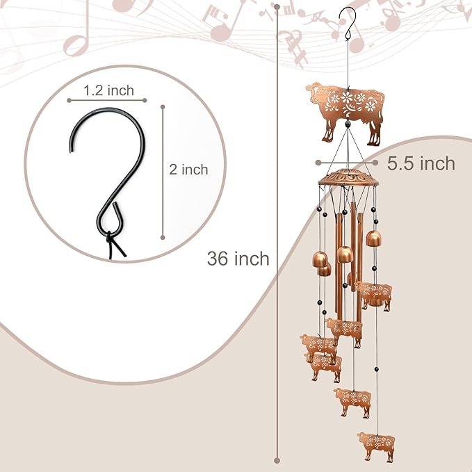 Cow Wind Chimes for Outside, Metal Windchimes Outdoors Birthday Gifts for Women Memorial Sympathy Wind Chimes for Patio Garden Yard