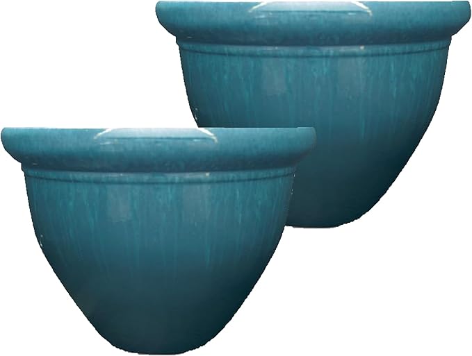 The HC Companies 12 Inch Pizzazz Round Planter Pots with Ceramic Look, Lightweight UV-Resistant Plastic Indoor & Outdoor Planters, 2-Pack Flower Pots for Garden & Home Decor, Blue Drip